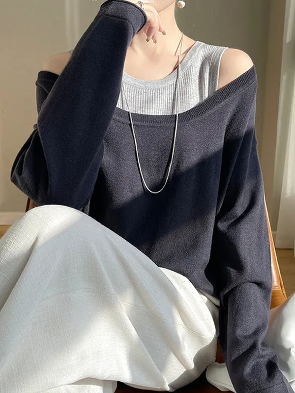 False Two Long Sleeves Contrast Color Split-Joint Cold Shoulder Pullovers Sweater Tops