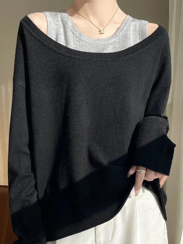 False Two Long Sleeves Contrast Color Split-Joint Cold Shoulder Pullovers Sweater Tops