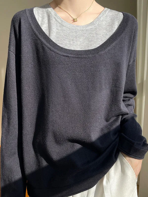 False Two Long Sleeves Contrast Color Split-Joint Cold Shoulder Pullovers Sweater Tops