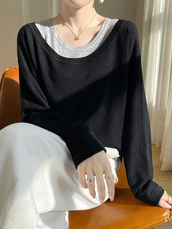 False Two Long Sleeves Contrast Color Split-Joint Cold Shoulder Pullovers Sweater Tops