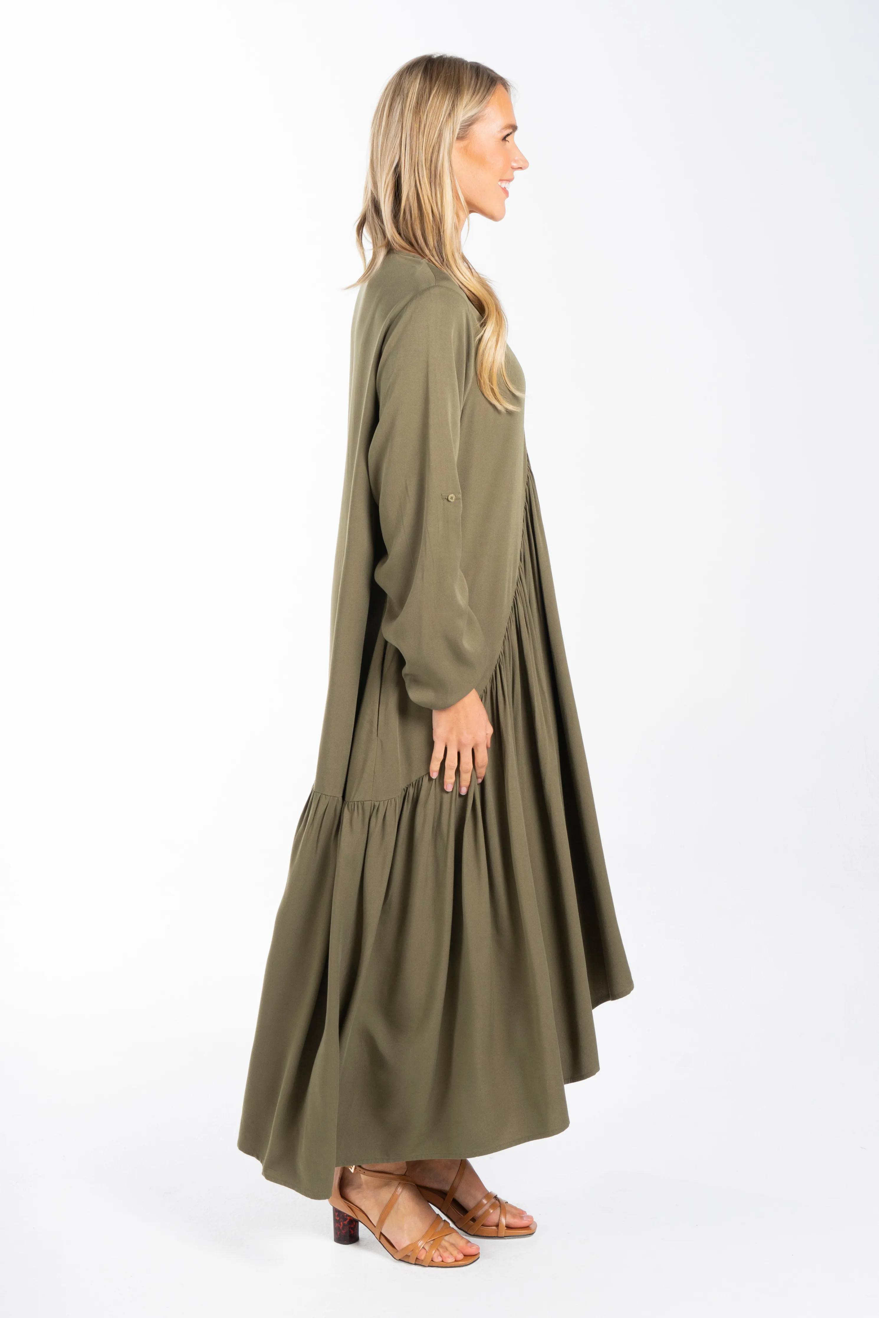 FINAL SALE Long Sleeve Peak Maxi Dress in Khaki