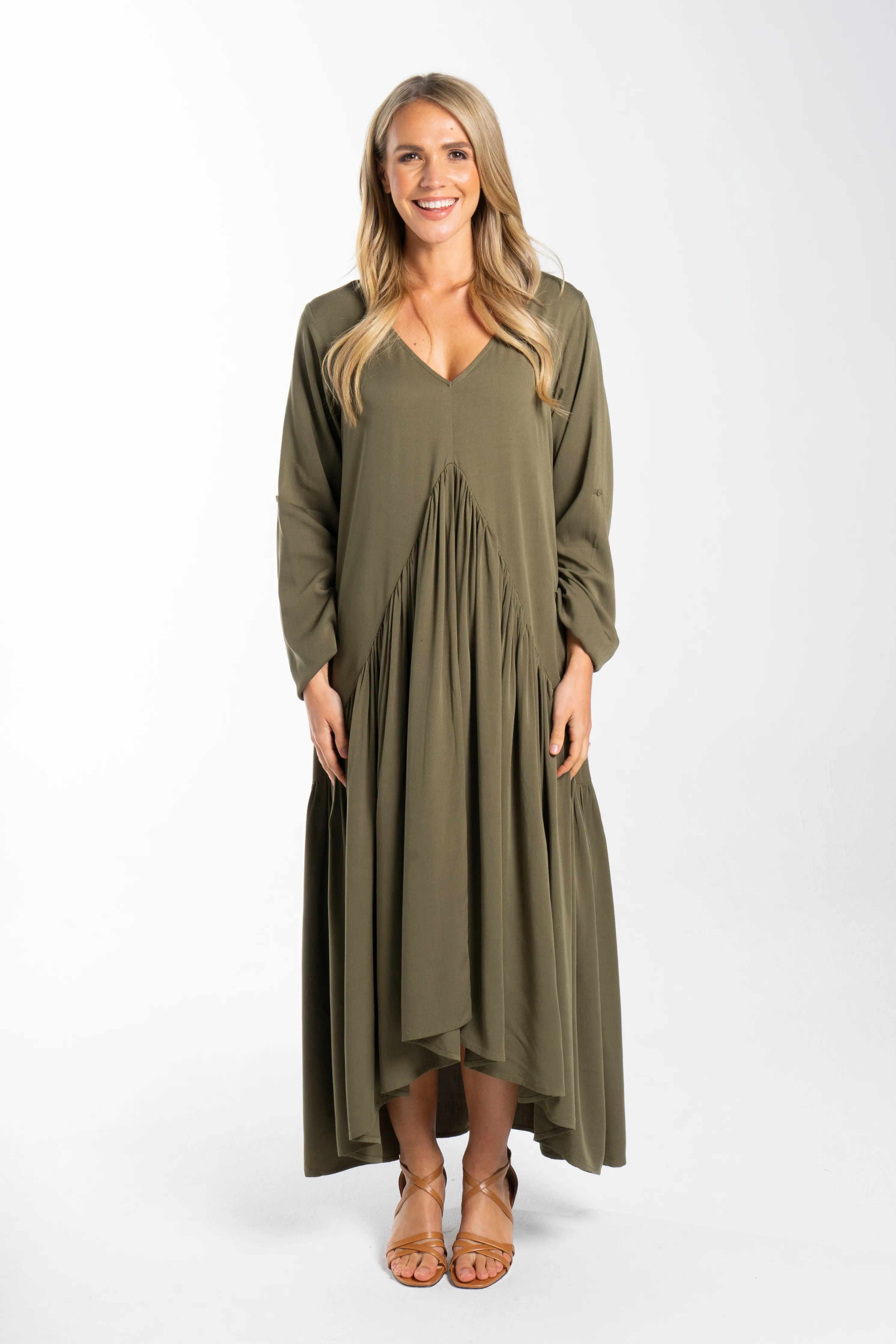 FINAL SALE Long Sleeve Peak Maxi Dress in Khaki