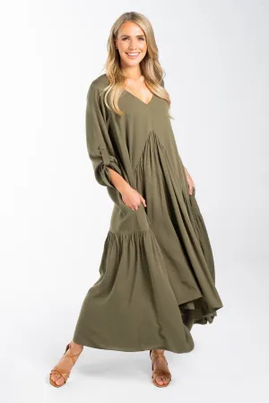 FINAL SALE Long Sleeve Peak Maxi Dress in Khaki