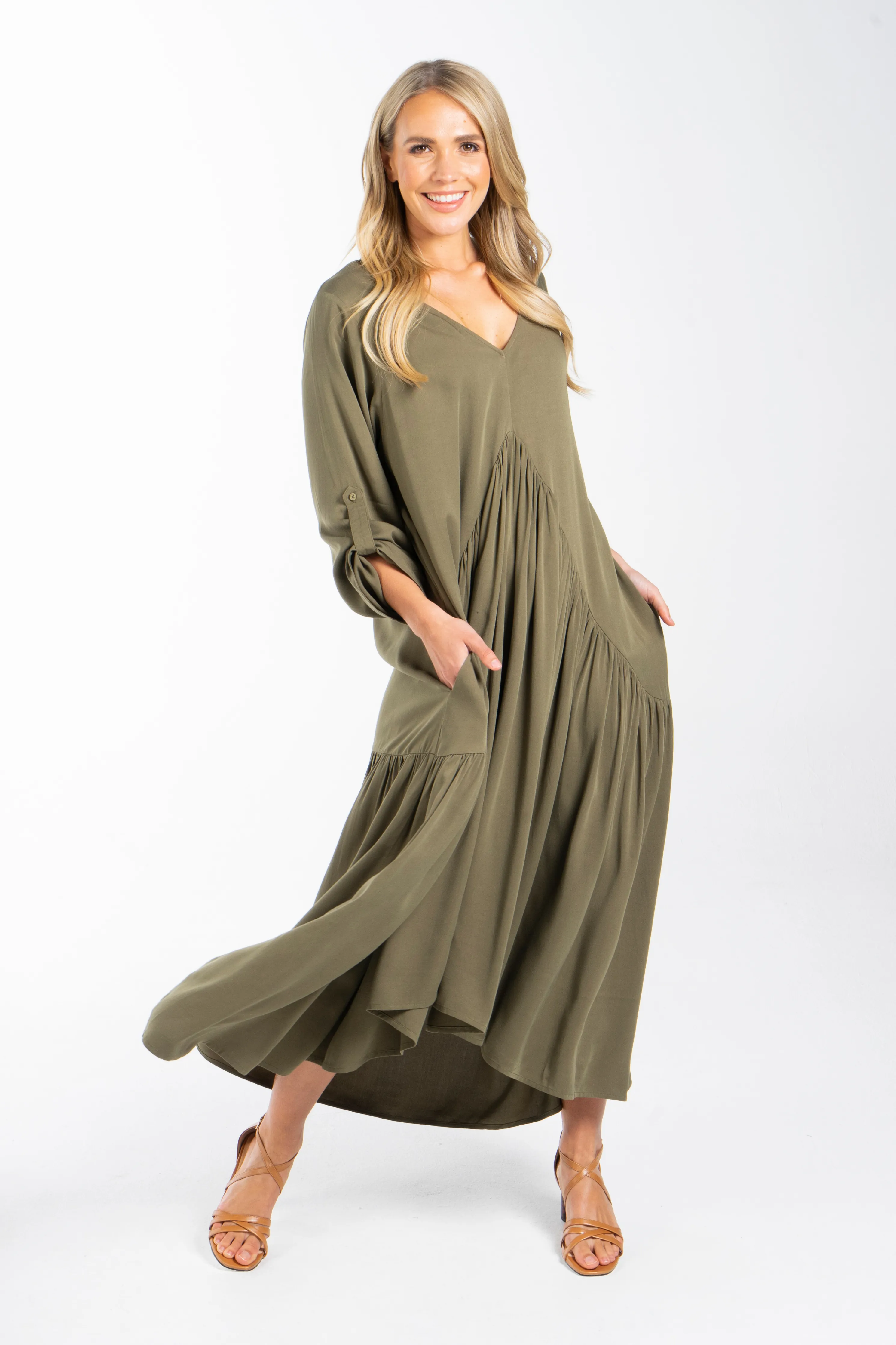 FINAL SALE Long Sleeve Peak Maxi Dress in Khaki