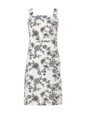 Floral Cotton Linen Sheath Dress in Winter White