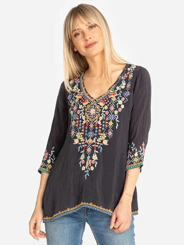 Floral Embroidery Medium Sleeves Blouses