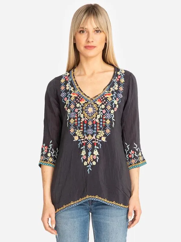 Floral Embroidery Medium Sleeves Blouses