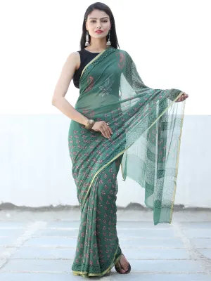 Green Coral Hand Block Printed Chiffon Saree with Zari Border - S031703934