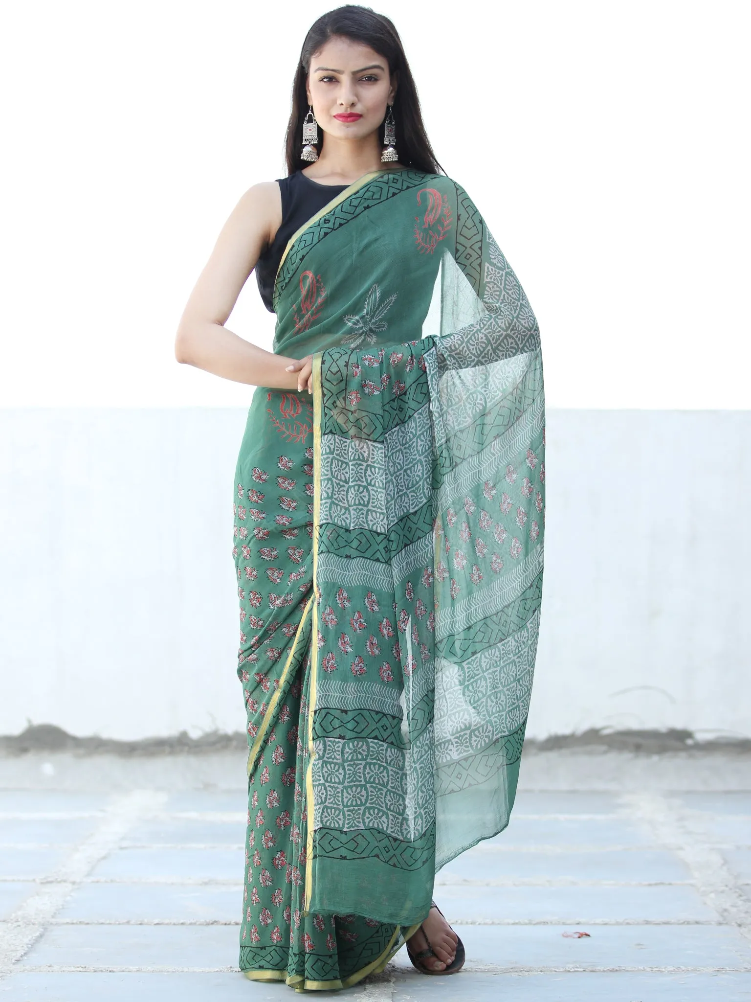 Green Coral Hand Block Printed Chiffon Saree with Zari Border - S031703934