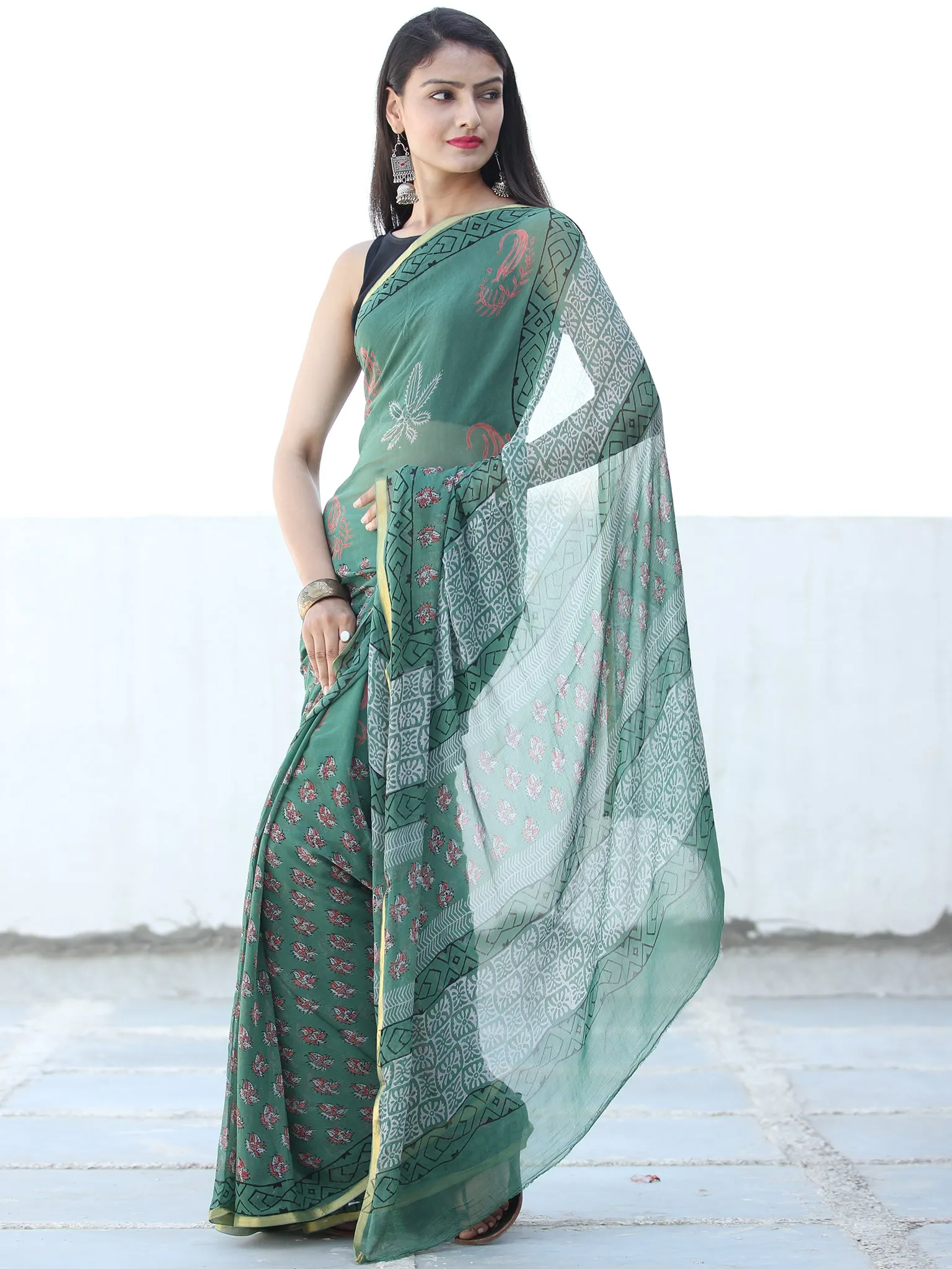 Green Coral Hand Block Printed Chiffon Saree with Zari Border - S031703934