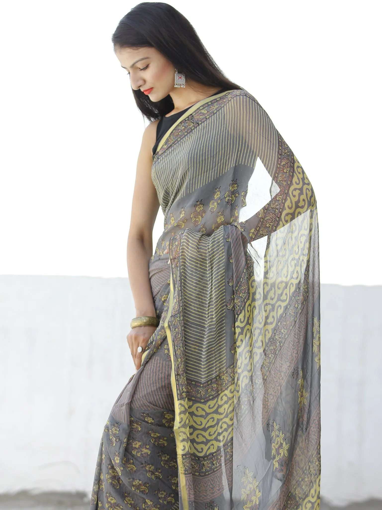 Grey Yellow Hand Block Printed Chiffon Saree with Zari Border - S031703954