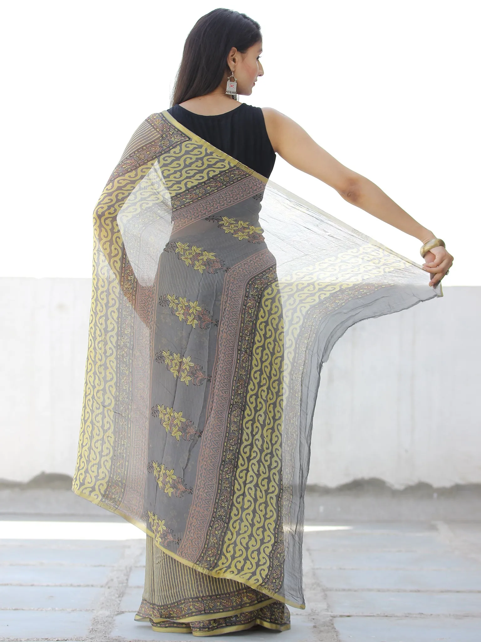 Grey Yellow Hand Block Printed Chiffon Saree with Zari Border - S031703954