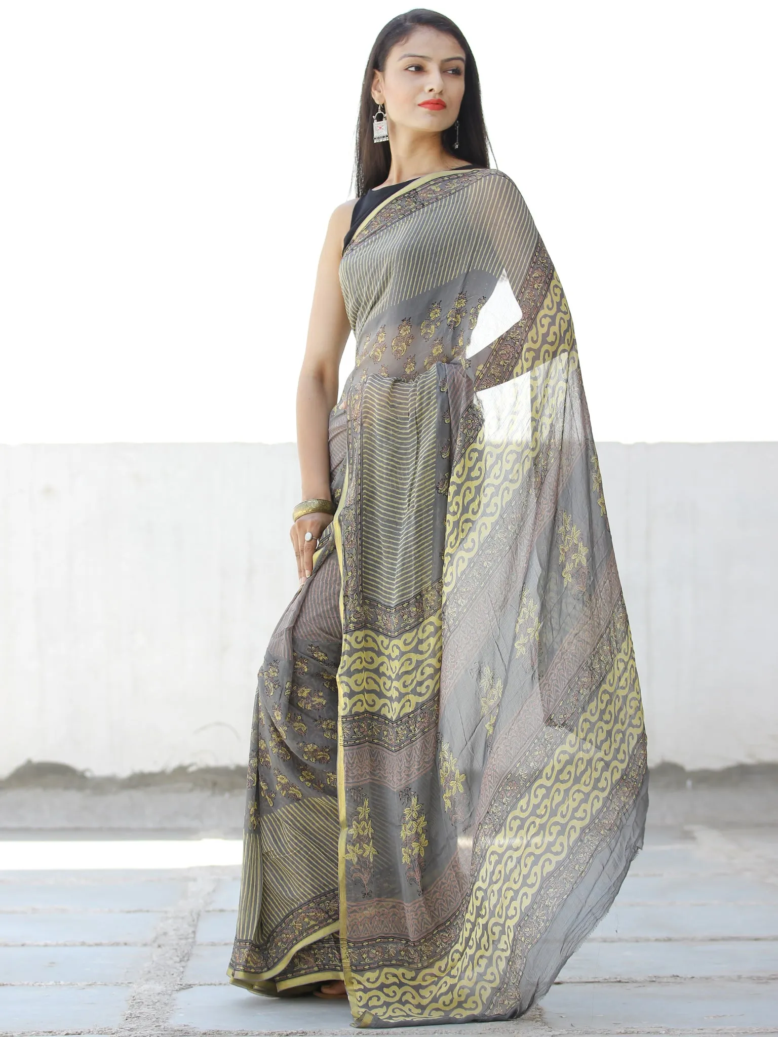 Grey Yellow Hand Block Printed Chiffon Saree with Zari Border - S031703954