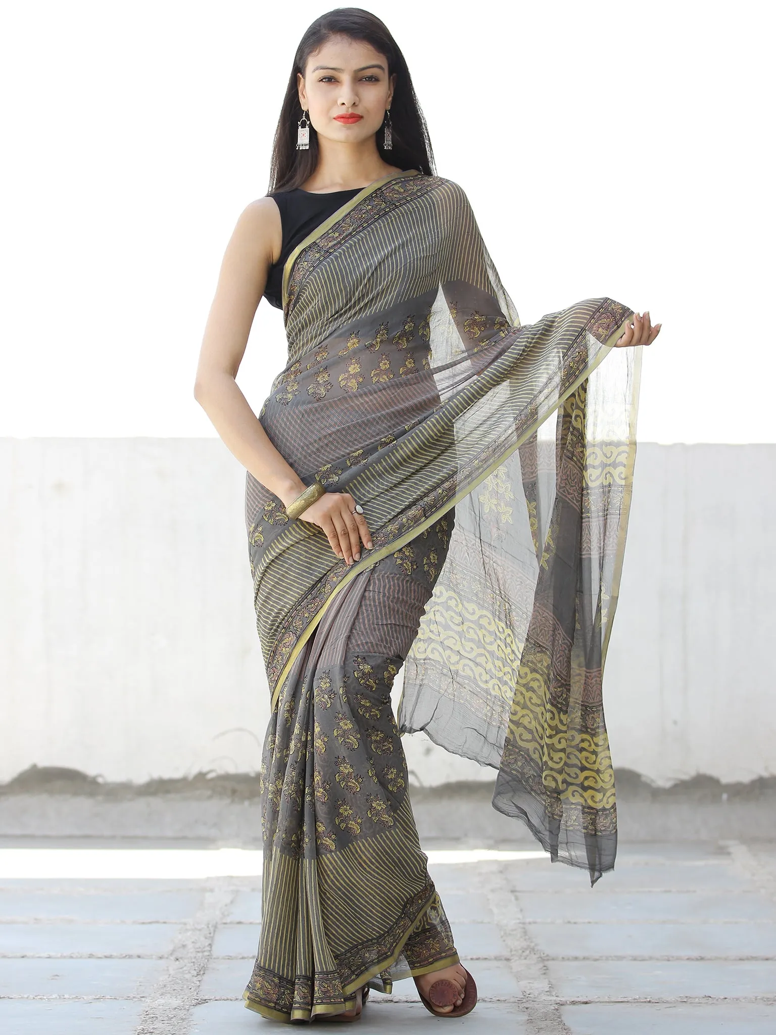 Grey Yellow Hand Block Printed Chiffon Saree with Zari Border - S031703954