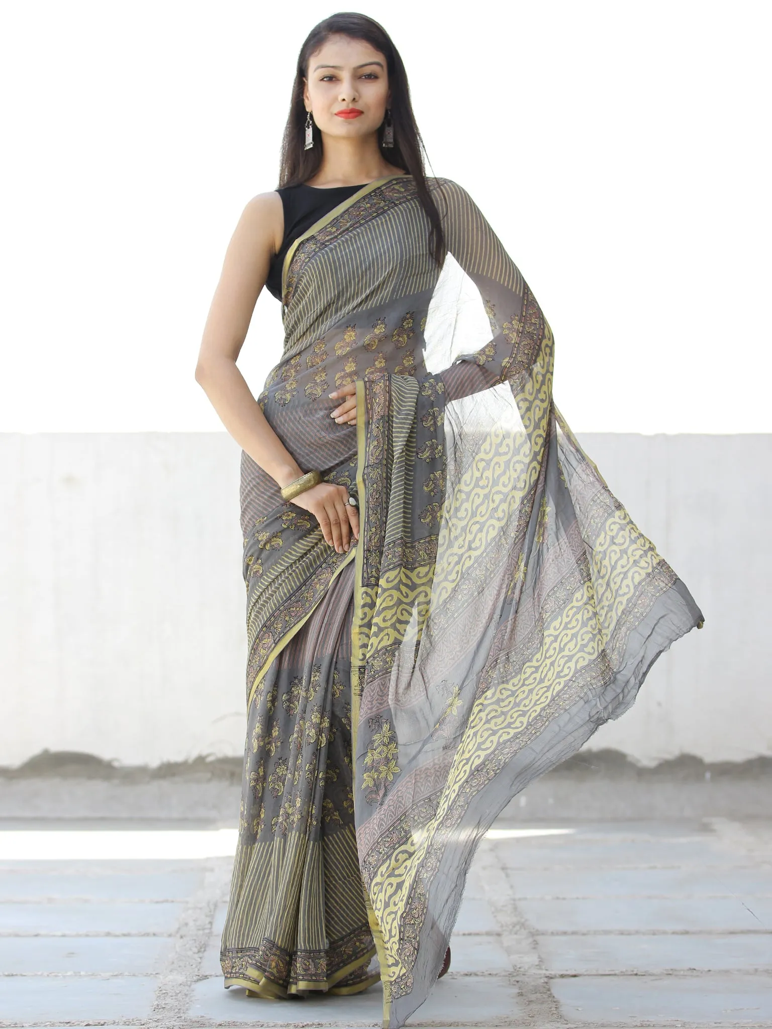 Grey Yellow Hand Block Printed Chiffon Saree with Zari Border - S031703954