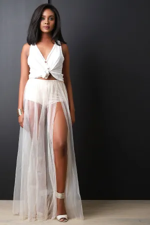 High Rise Brief Semi-Sheer Mesh Maxi Skirt