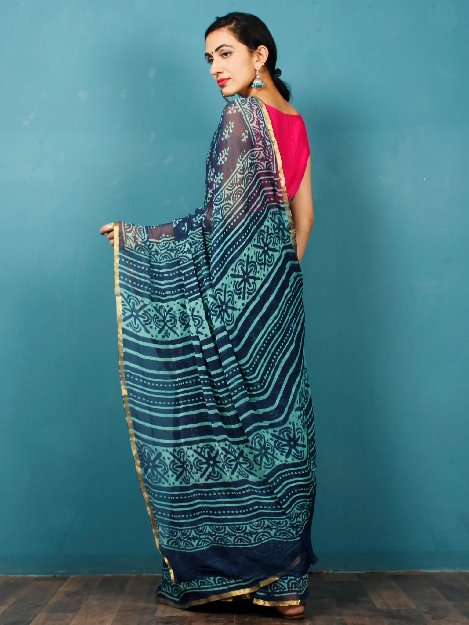 Indigo Blue Hand Block Printed Chiffon Saree with Zari Border - S031702810