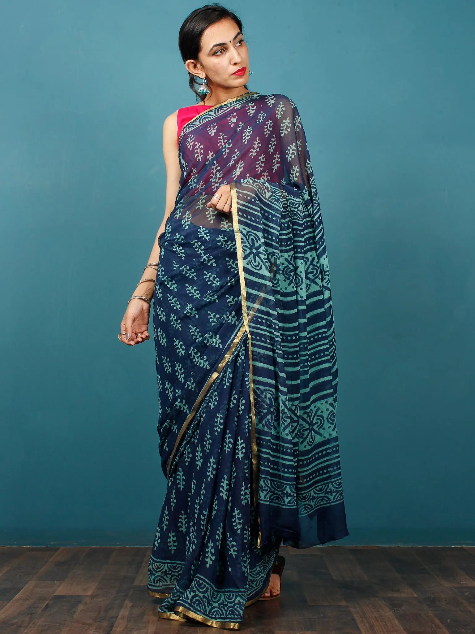 Indigo Blue Hand Block Printed Chiffon Saree with Zari Border - S031702810