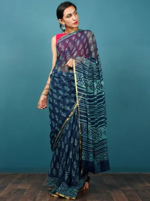 Indigo Blue Hand Block Printed Chiffon Saree with Zari Border - S031702810