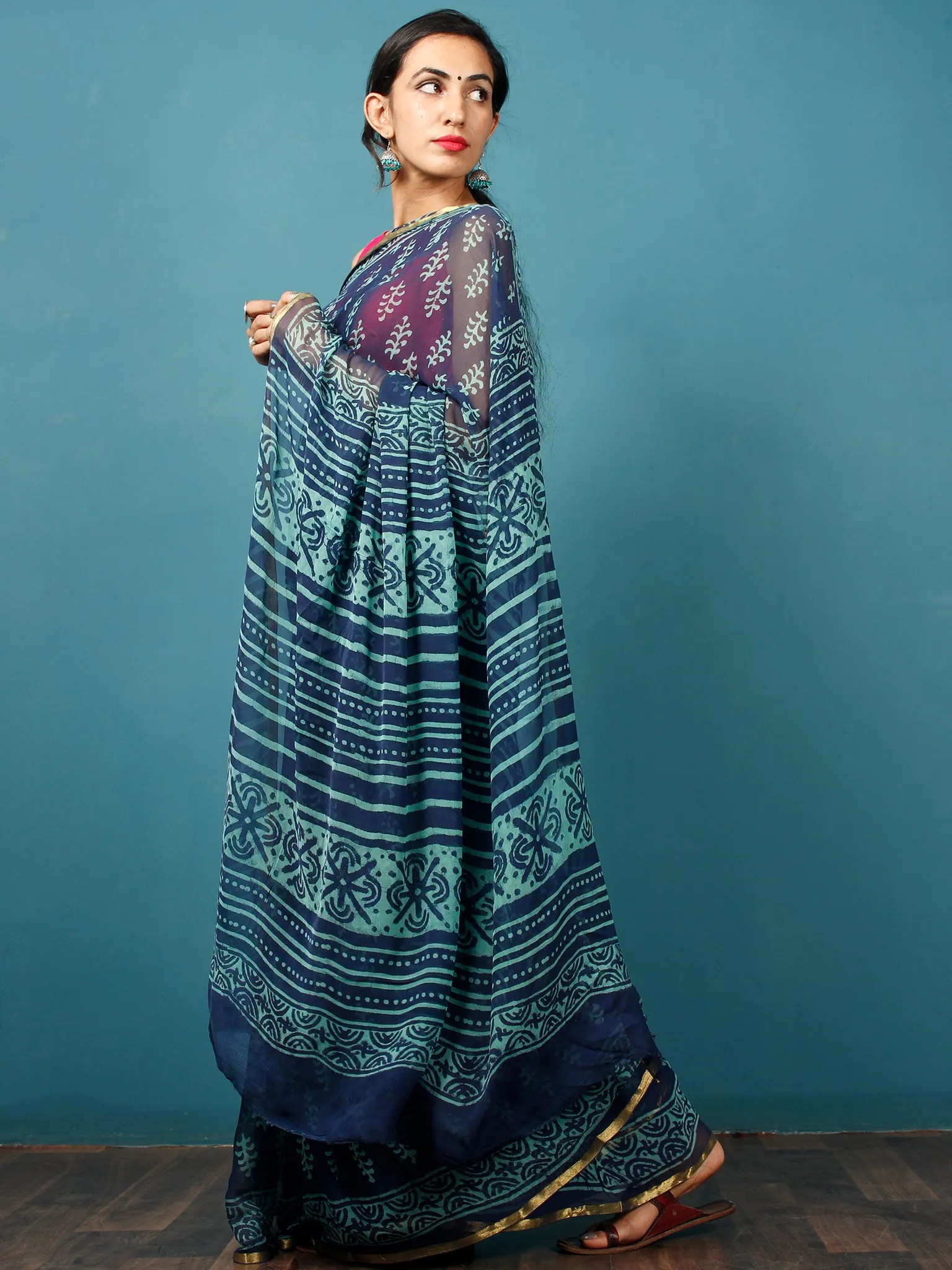 Indigo Blue Hand Block Printed Chiffon Saree with Zari Border - S031702810