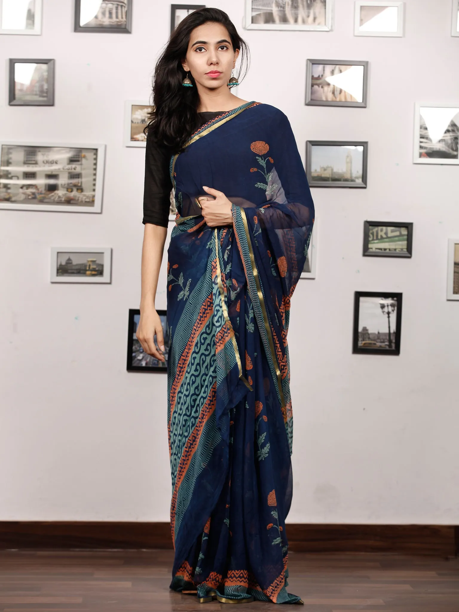 Indigo Coral Teal Blue Hand Block Printed Chiffon Saree with Zari Border - S031703510