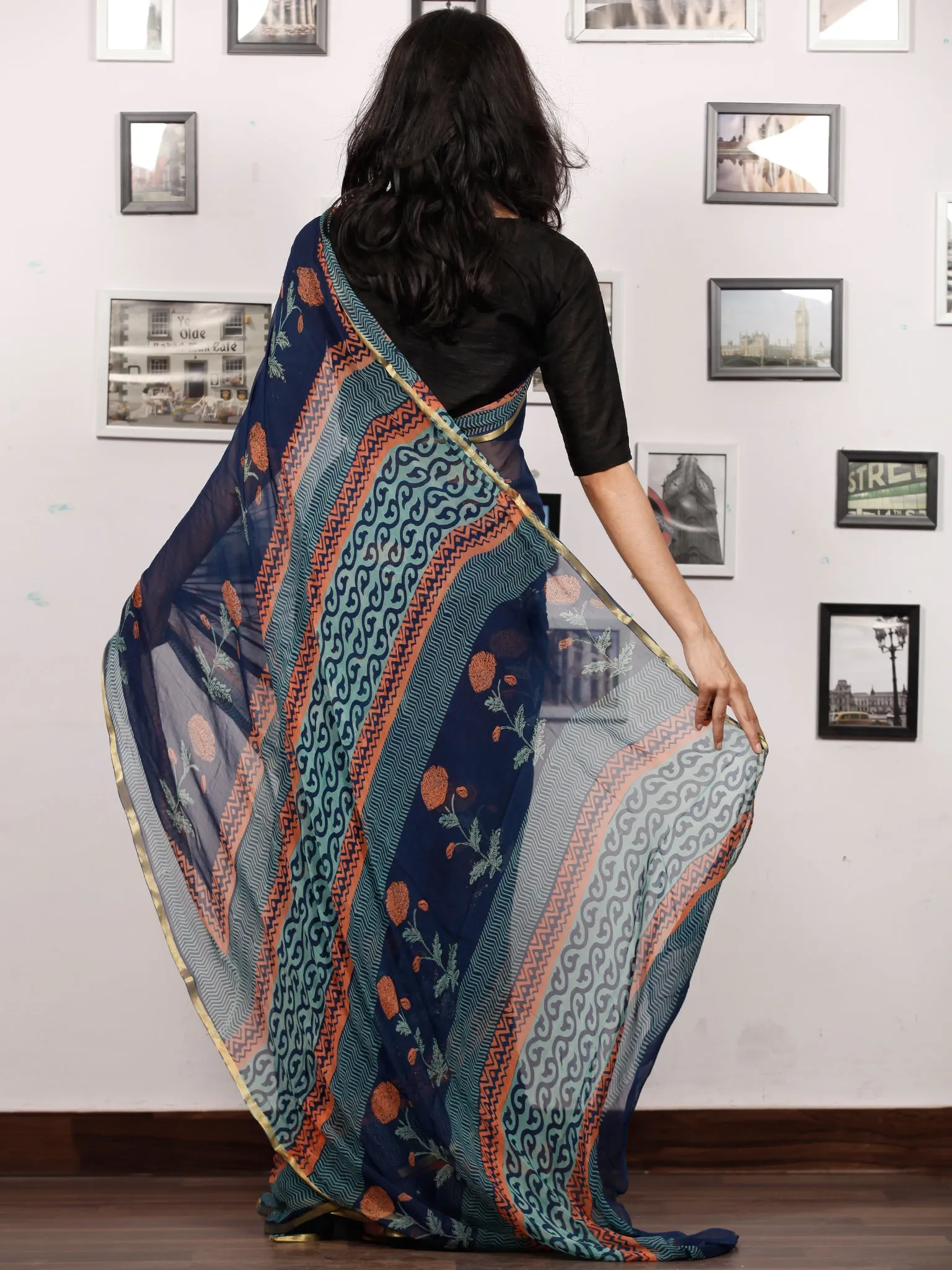 Indigo Coral Teal Blue Hand Block Printed Chiffon Saree with Zari Border - S031703510