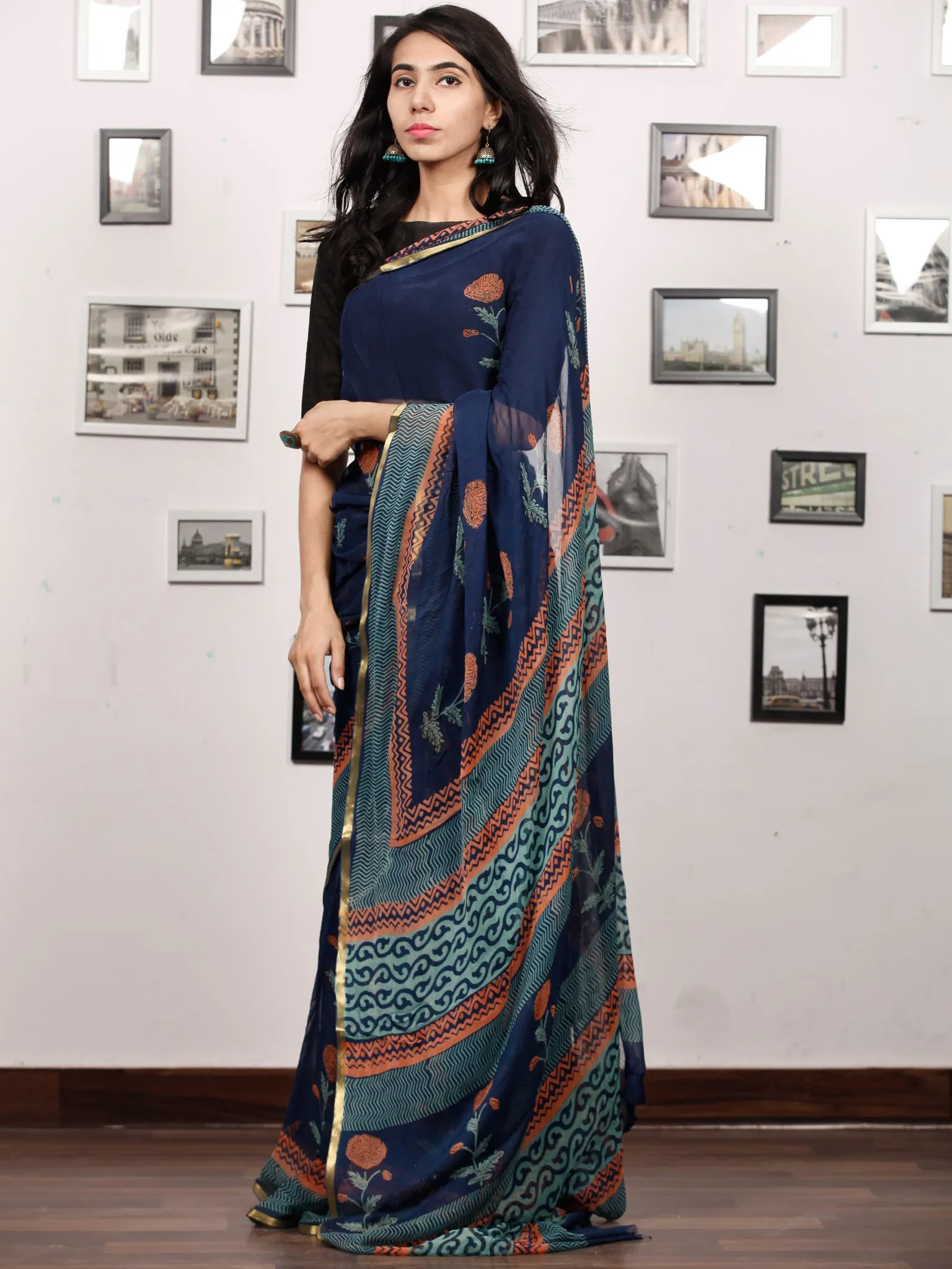 Indigo Coral Teal Blue Hand Block Printed Chiffon Saree with Zari Border - S031703510