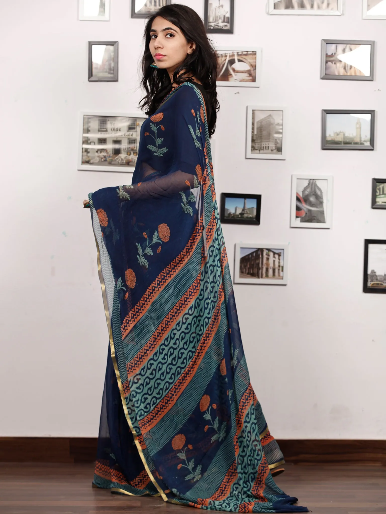 Indigo Coral Teal Blue Hand Block Printed Chiffon Saree with Zari Border - S031703510