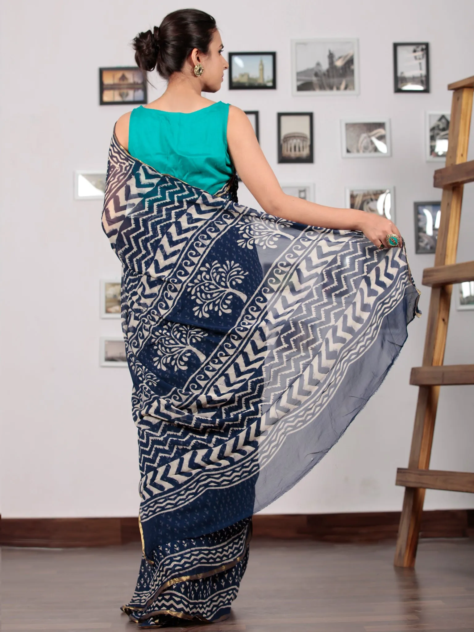 Indigo Ivory Hand Block Printed Chiffon Saree with Zari Border - S031702779