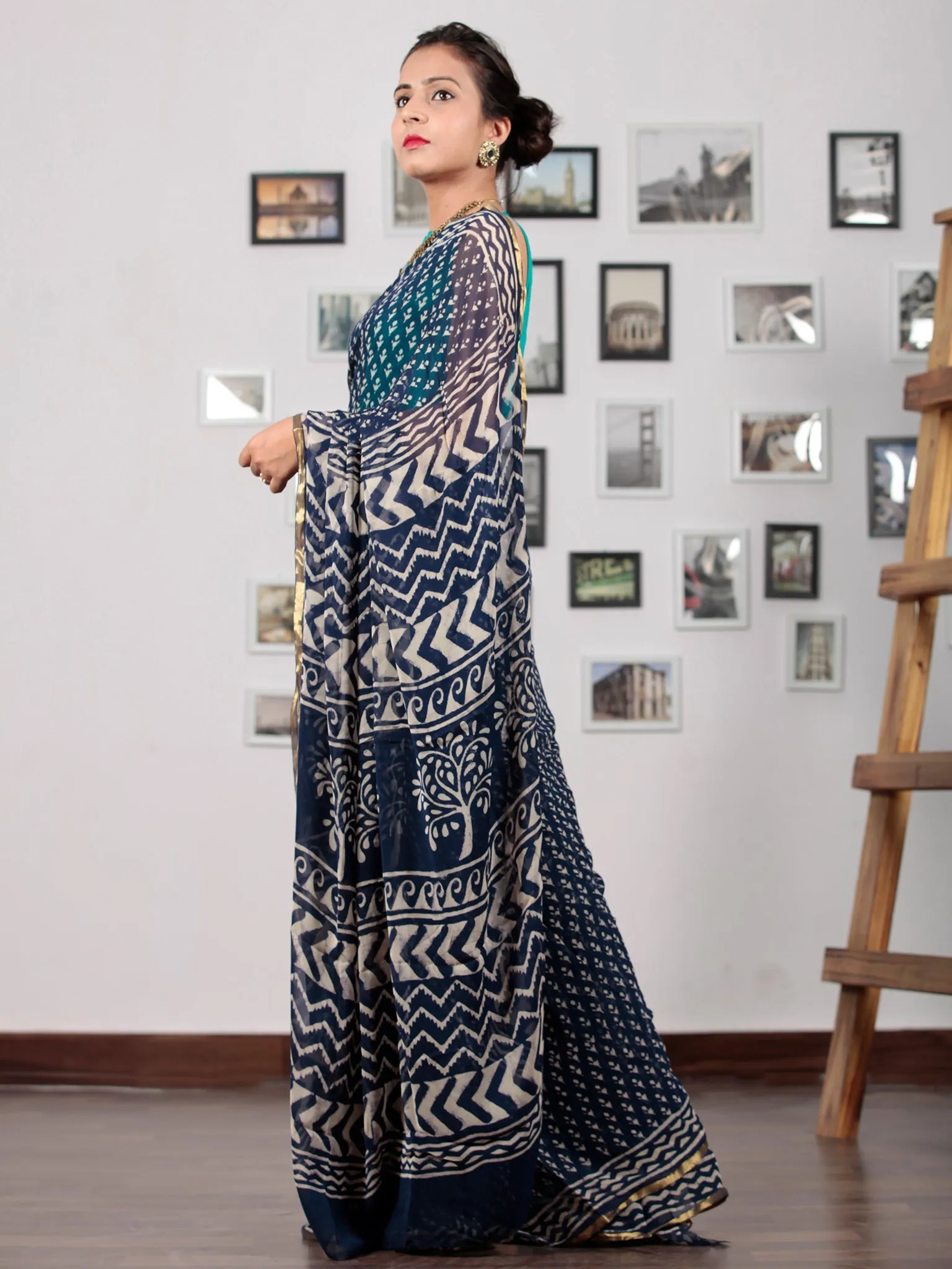 Indigo Ivory Hand Block Printed Chiffon Saree with Zari Border - S031702779