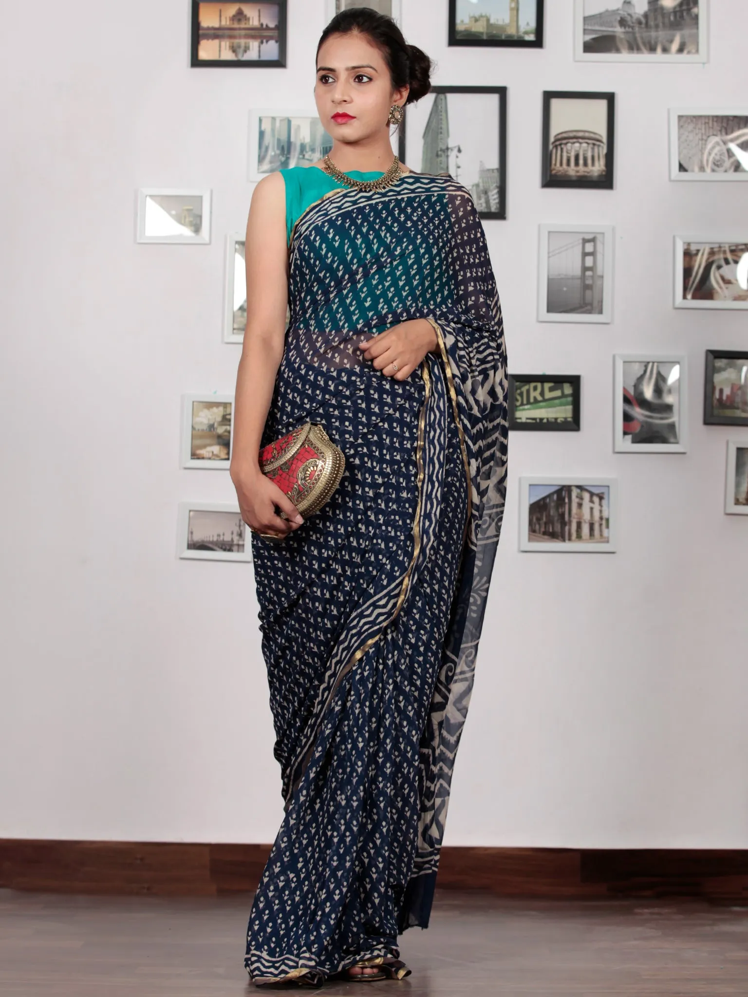 Indigo Ivory Hand Block Printed Chiffon Saree with Zari Border - S031702779