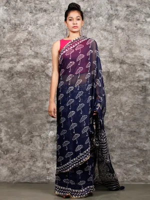 Indigo White Hand Block Printed Chiffon Saree with Zari Border - S031703161