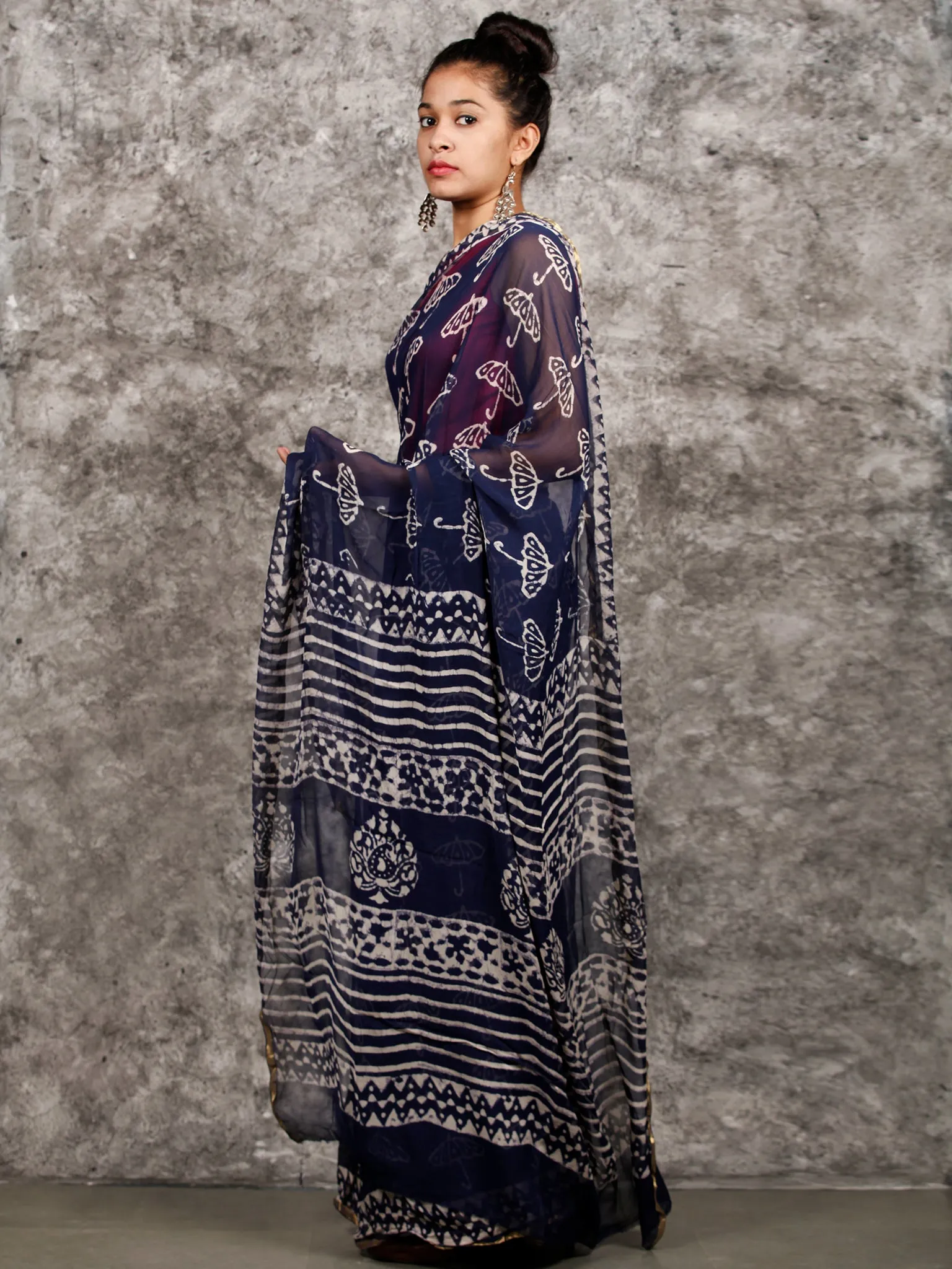 Indigo White Hand Block Printed Chiffon Saree with Zari Border - S031703161