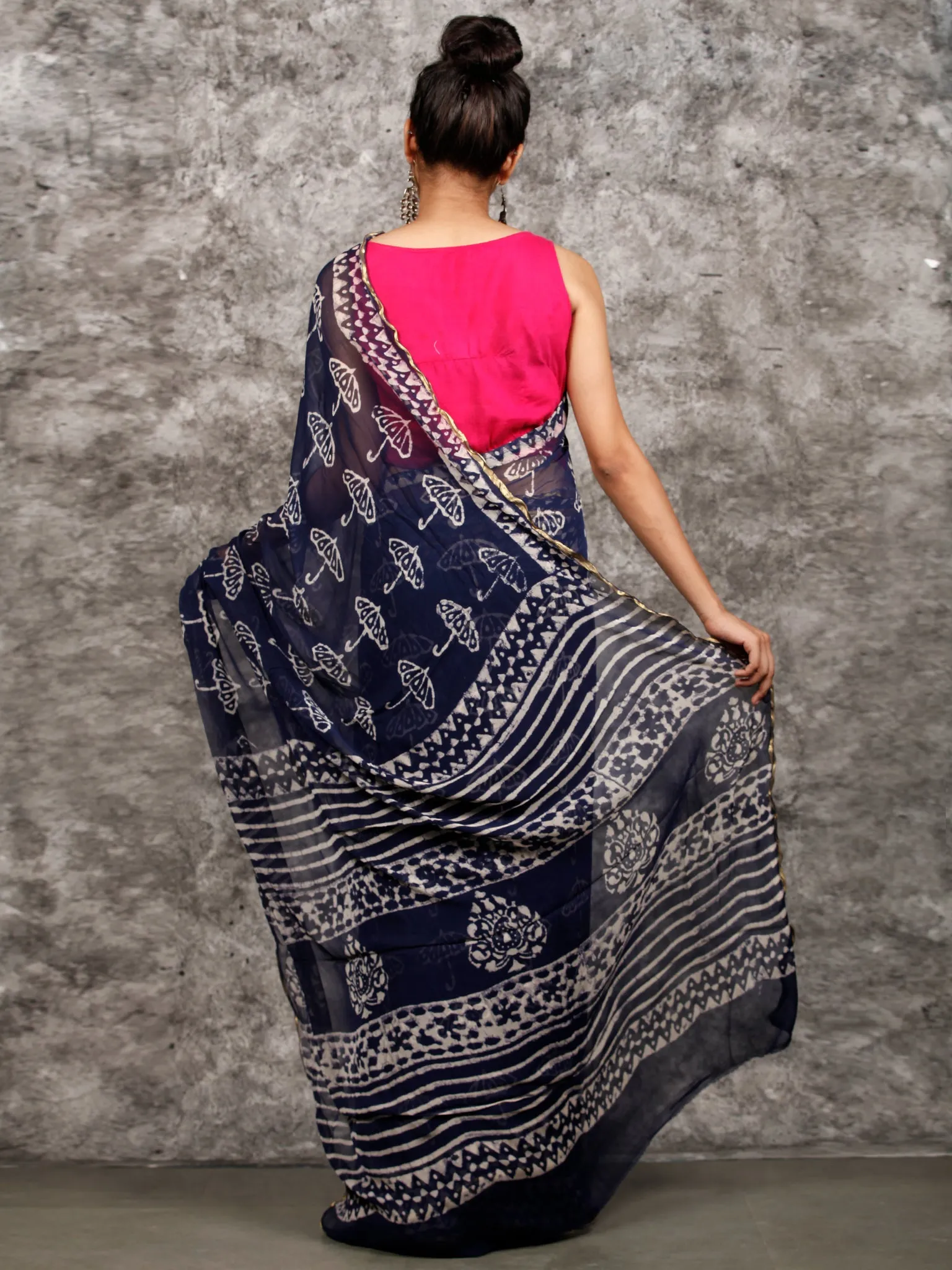 Indigo White Hand Block Printed Chiffon Saree with Zari Border - S031703161