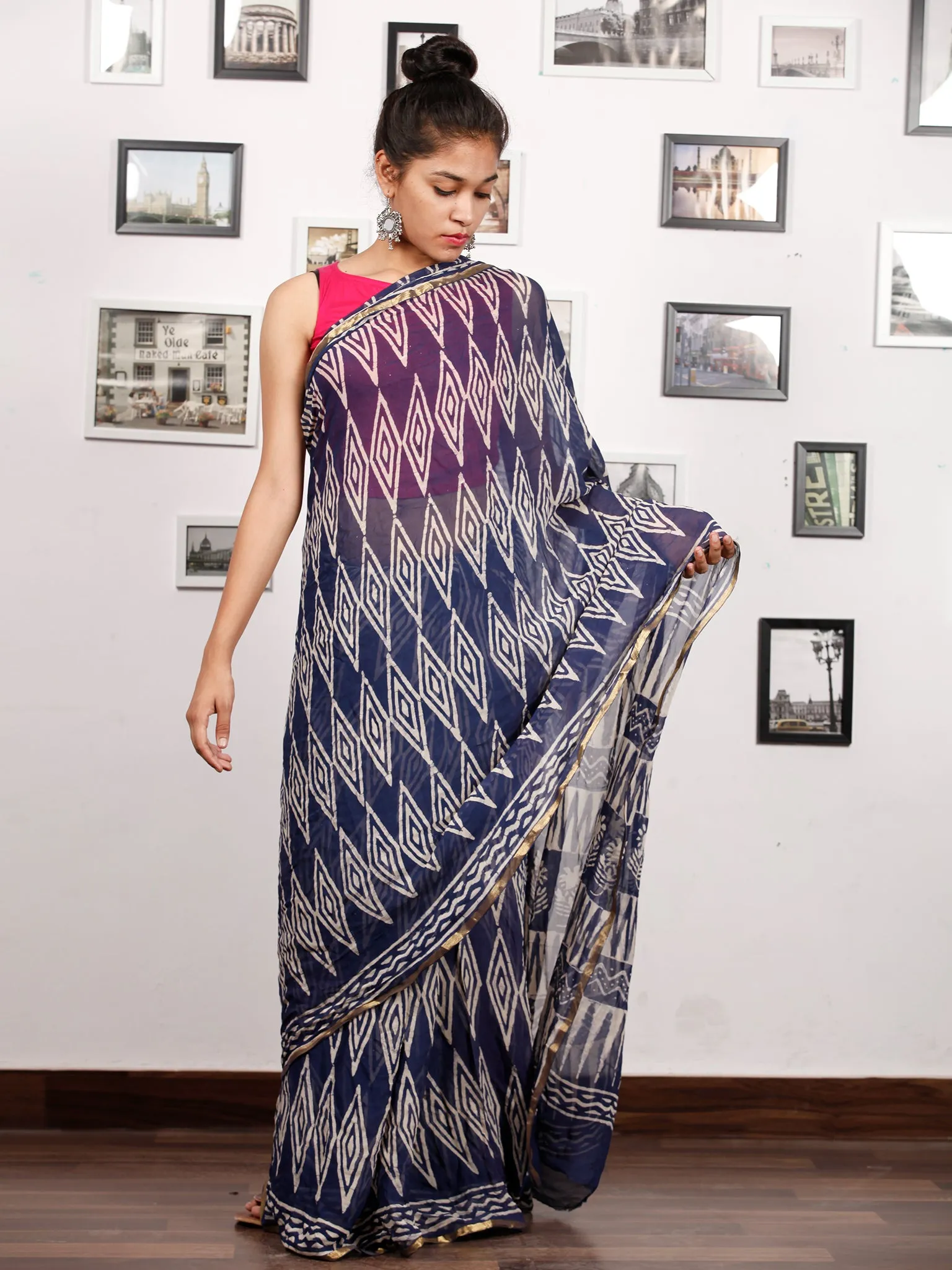 Indigo White Hand Block Printed Chiffon Saree with Zari Border - S031703167