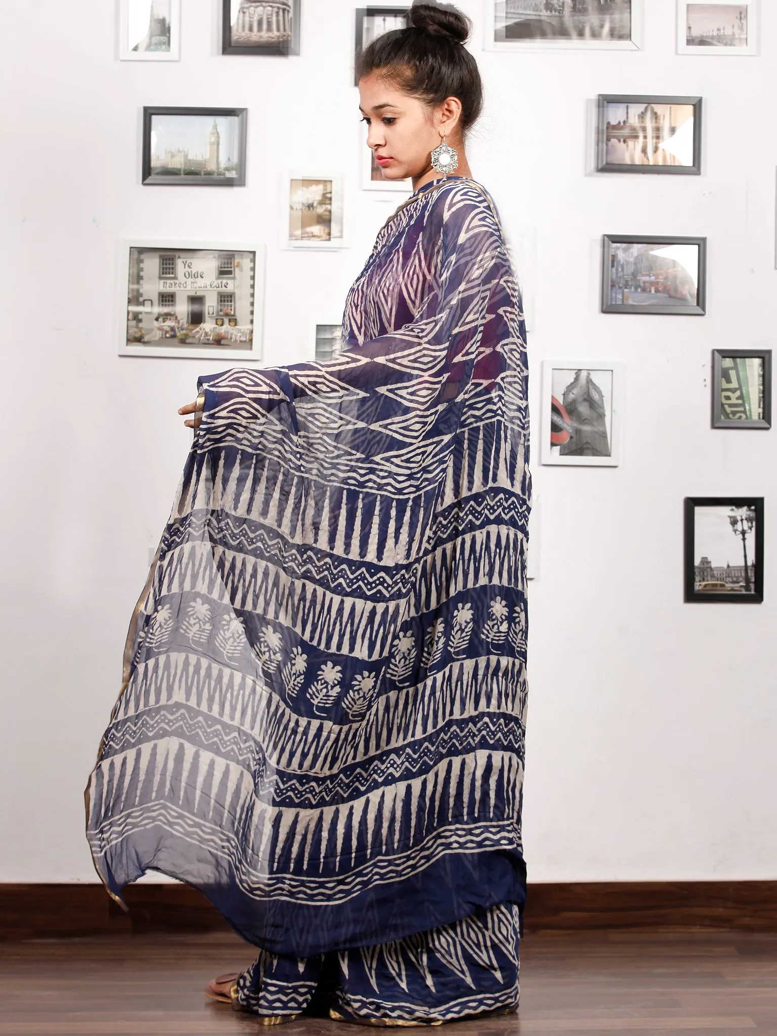 Indigo White Hand Block Printed Chiffon Saree with Zari Border - S031703167