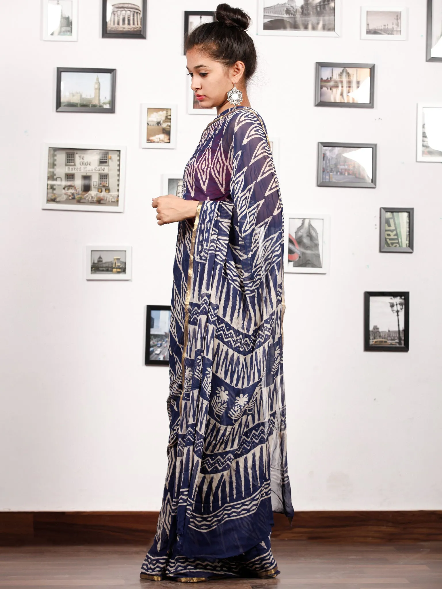 Indigo White Hand Block Printed Chiffon Saree with Zari Border - S031703167