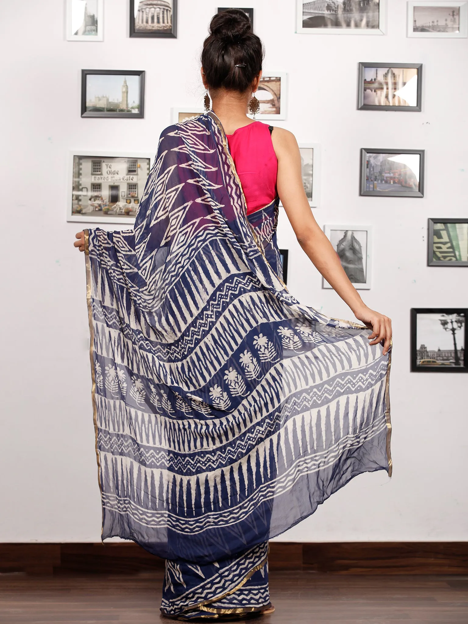 Indigo White Hand Block Printed Chiffon Saree with Zari Border - S031703167