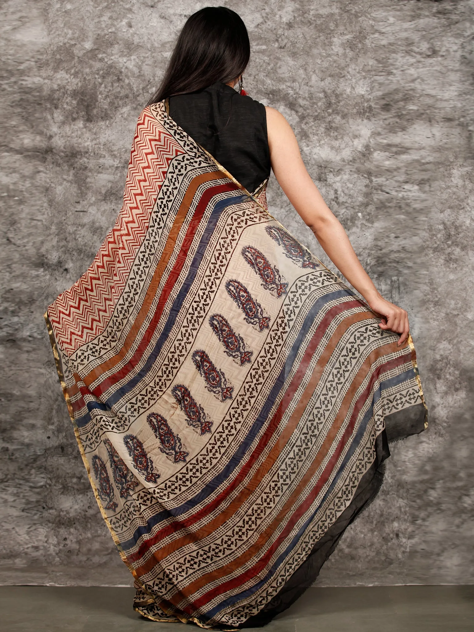 Ivory Black Maroon Hand Block Printed Chiffon Saree with Zari Border - S031703230