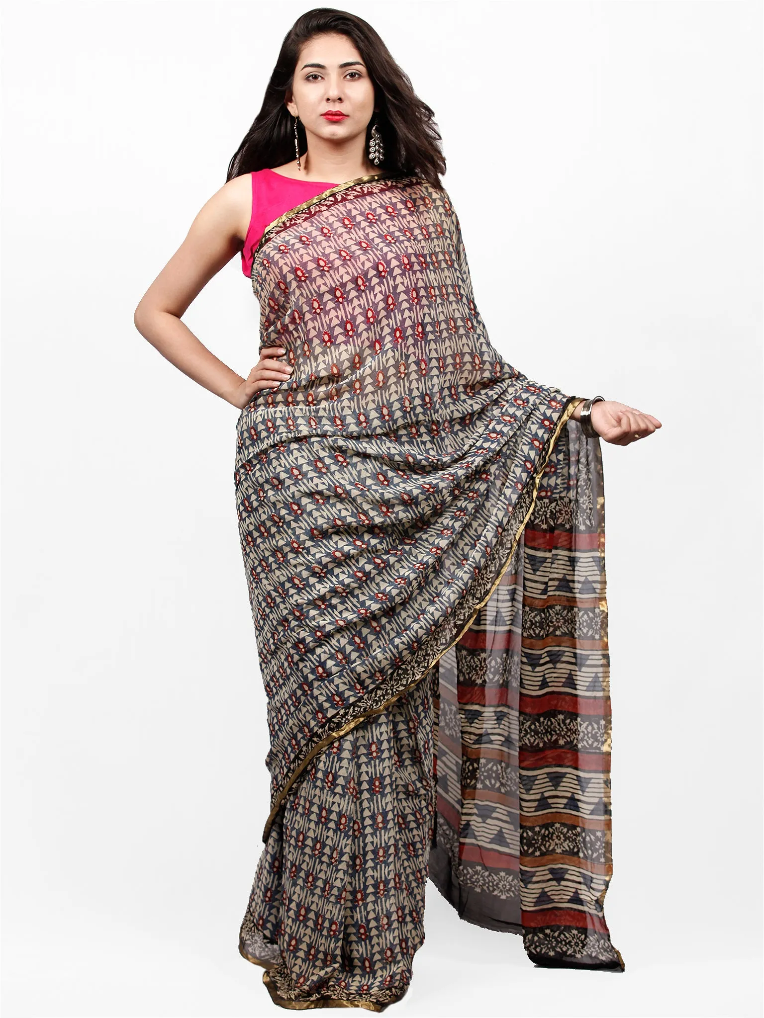 Ivory Charcoal Grey Red Hand Block Printed Chiffon Saree with Zari Border - S031703265