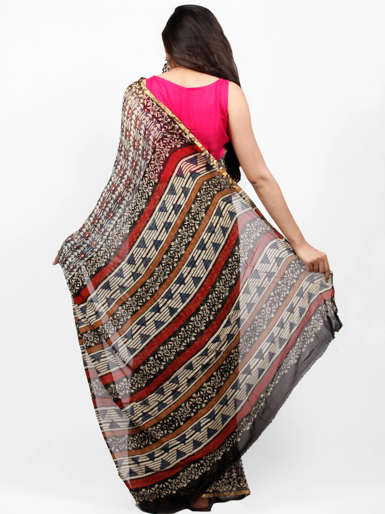 Ivory Charcoal Grey Red Hand Block Printed Chiffon Saree with Zari Border - S031703265