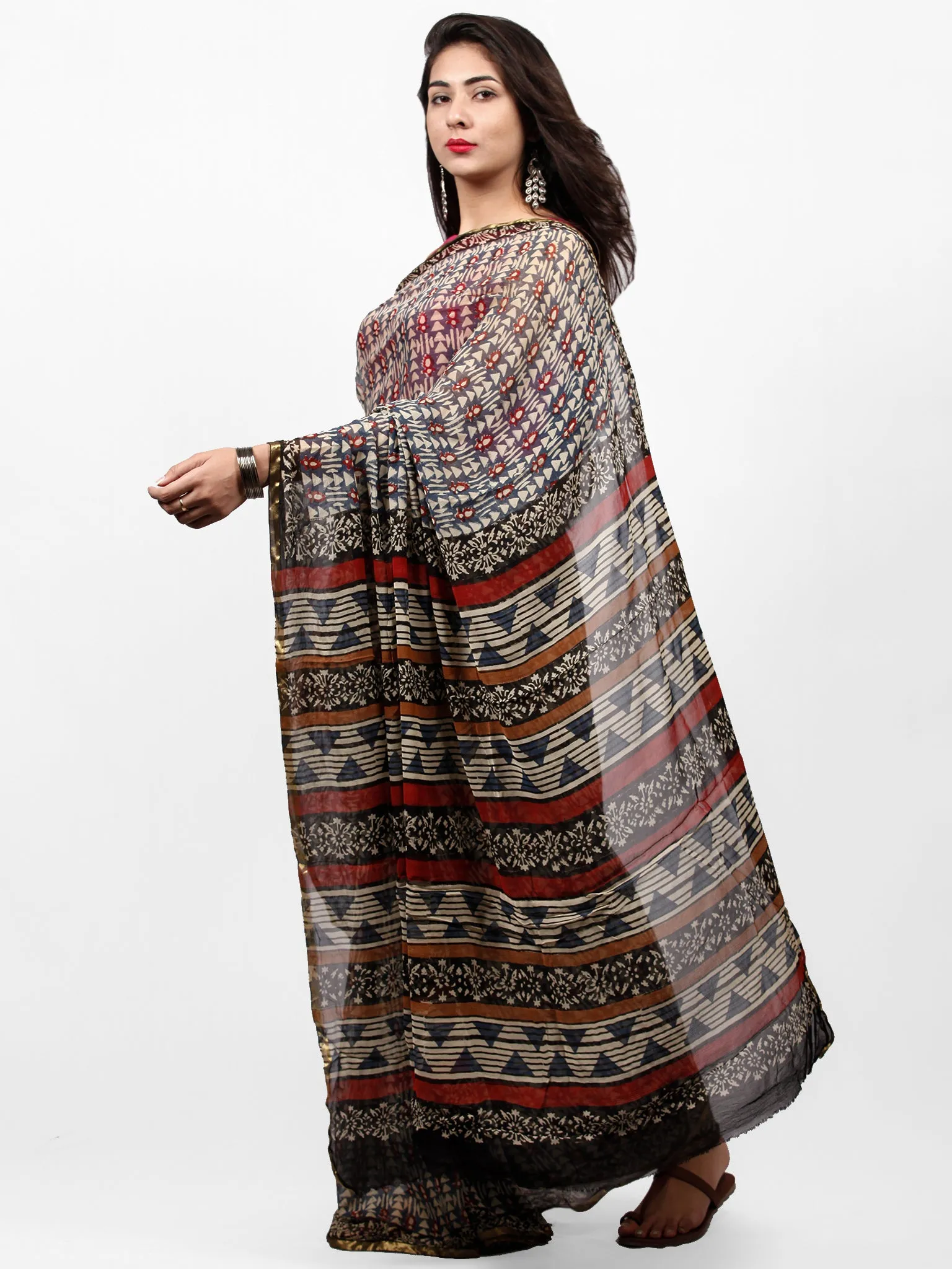 Ivory Charcoal Grey Red Hand Block Printed Chiffon Saree with Zari Border - S031703265