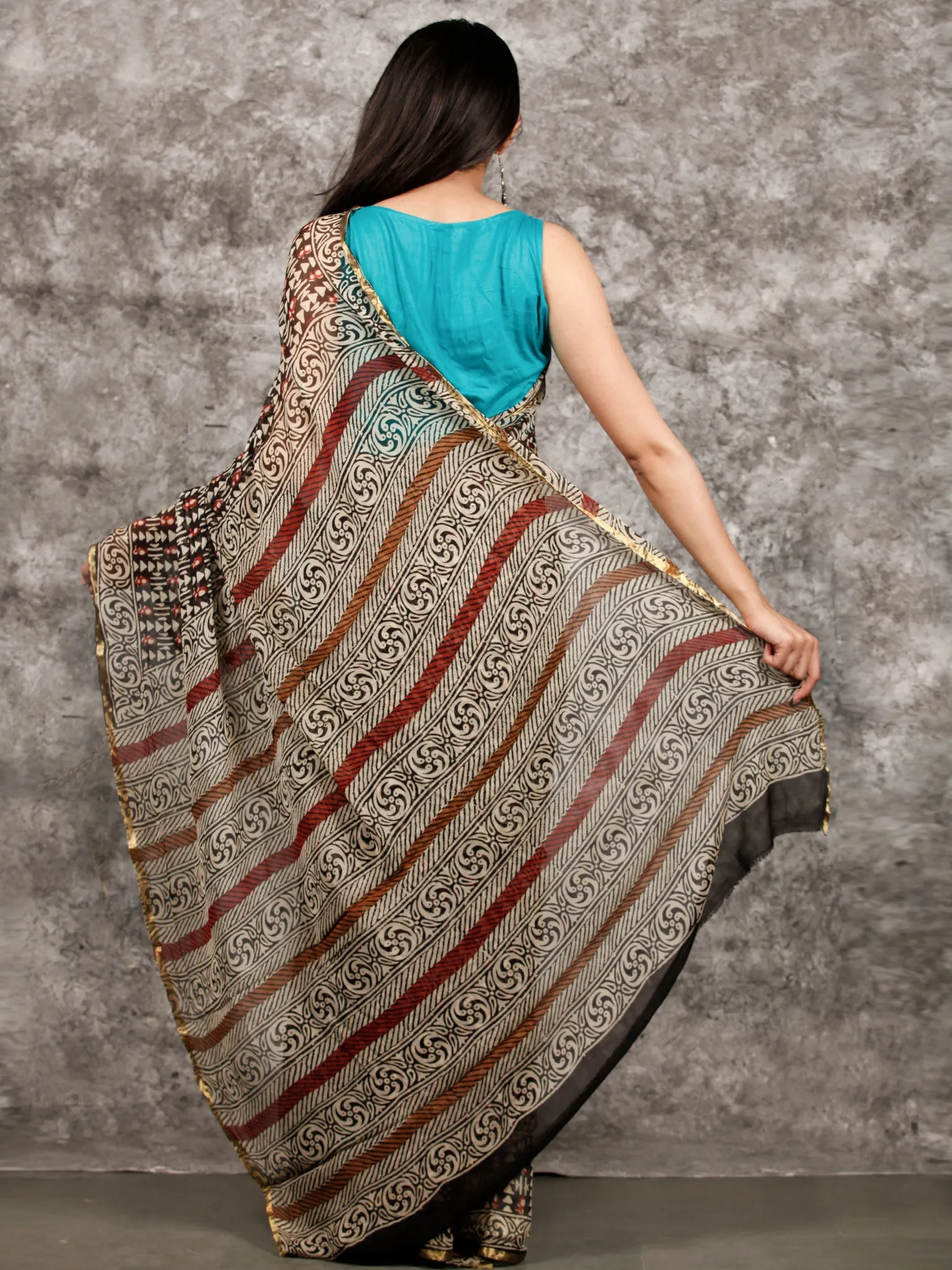 Ivory Red Black Hand Block Printed Chiffon Saree with Zari Border - S031703219