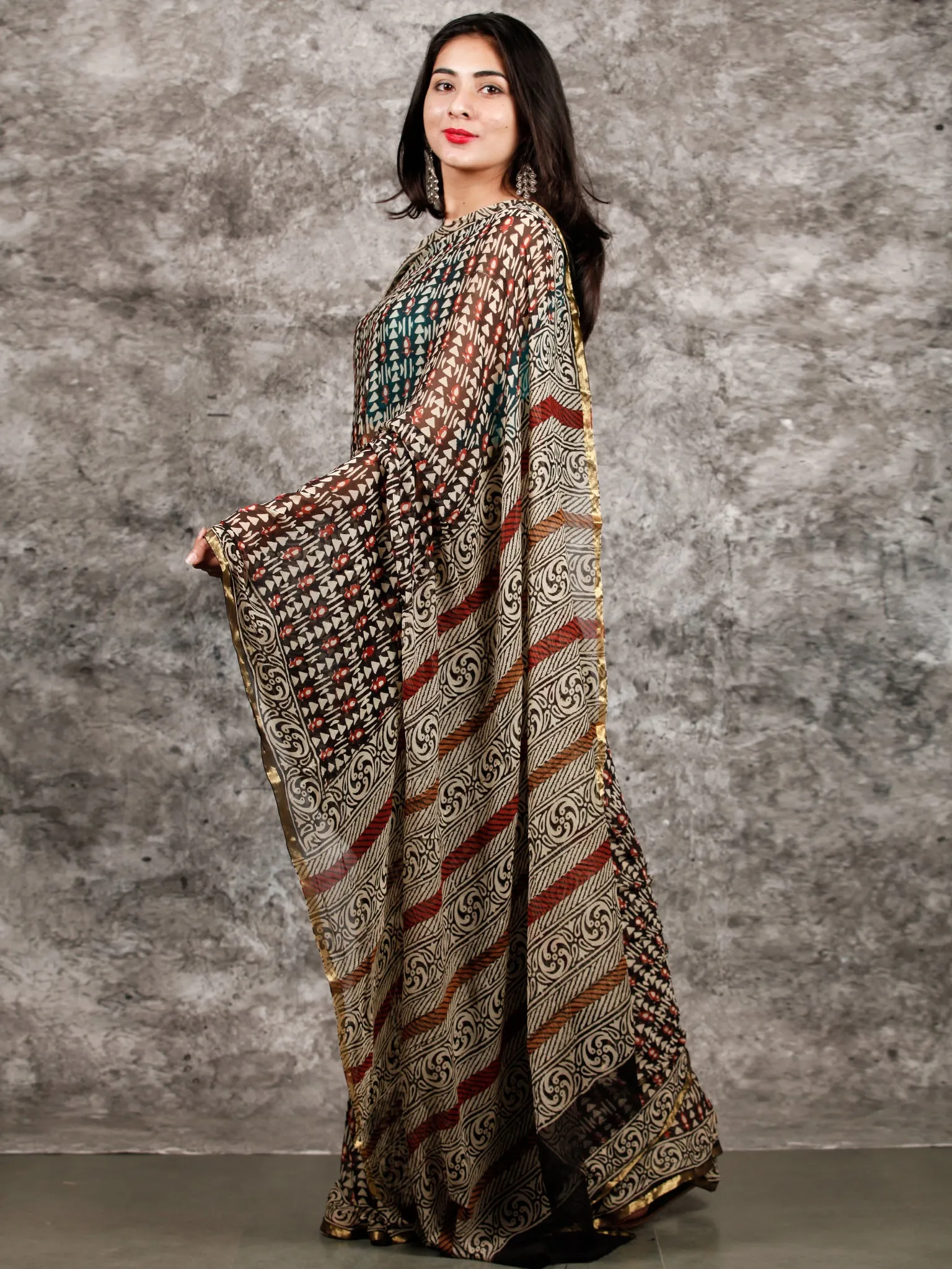 Ivory Red Black Hand Block Printed Chiffon Saree with Zari Border - S031703219