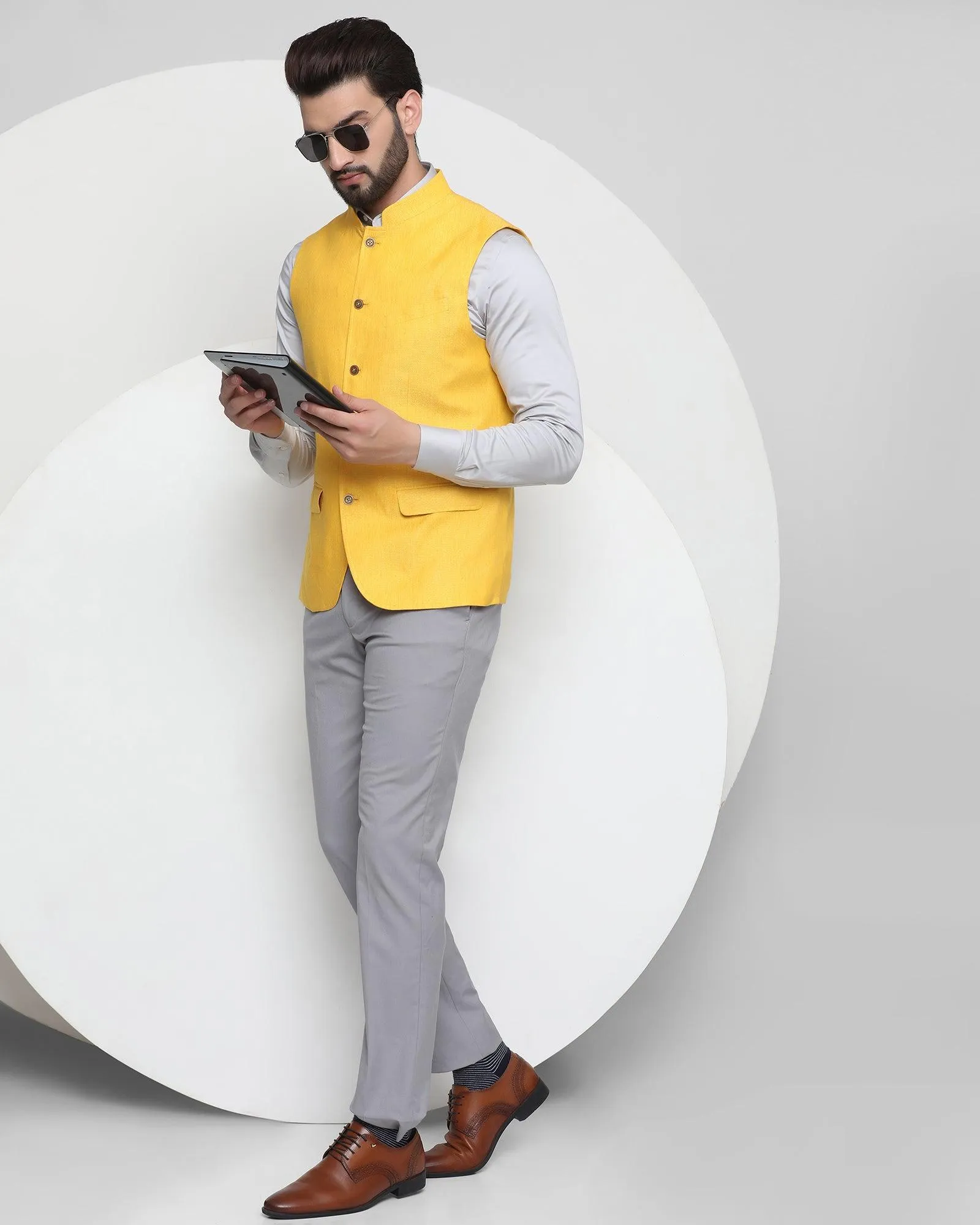 Linen Casual Orange Textured Waistcoat - Celeb