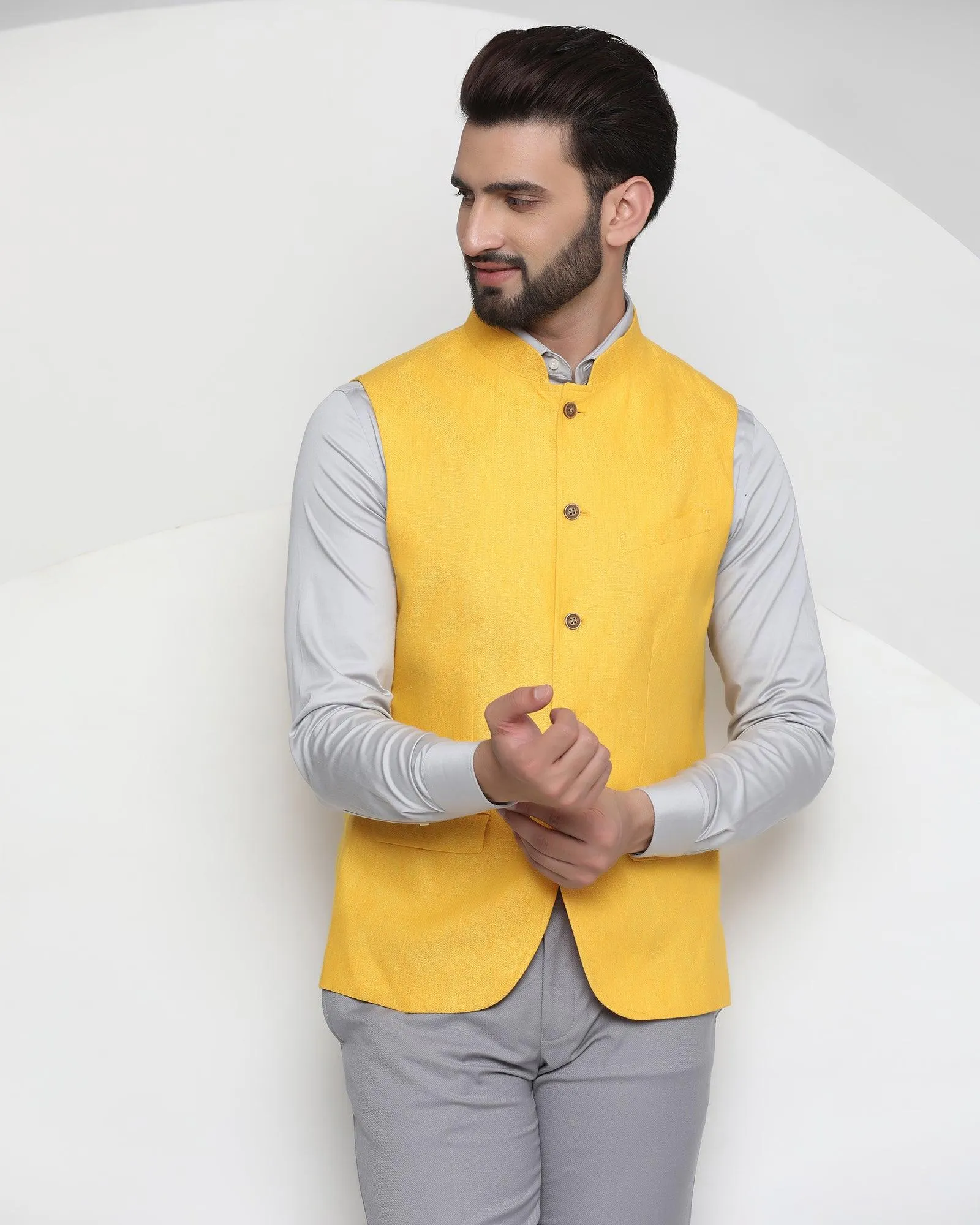 Linen Casual Orange Textured Waistcoat - Celeb