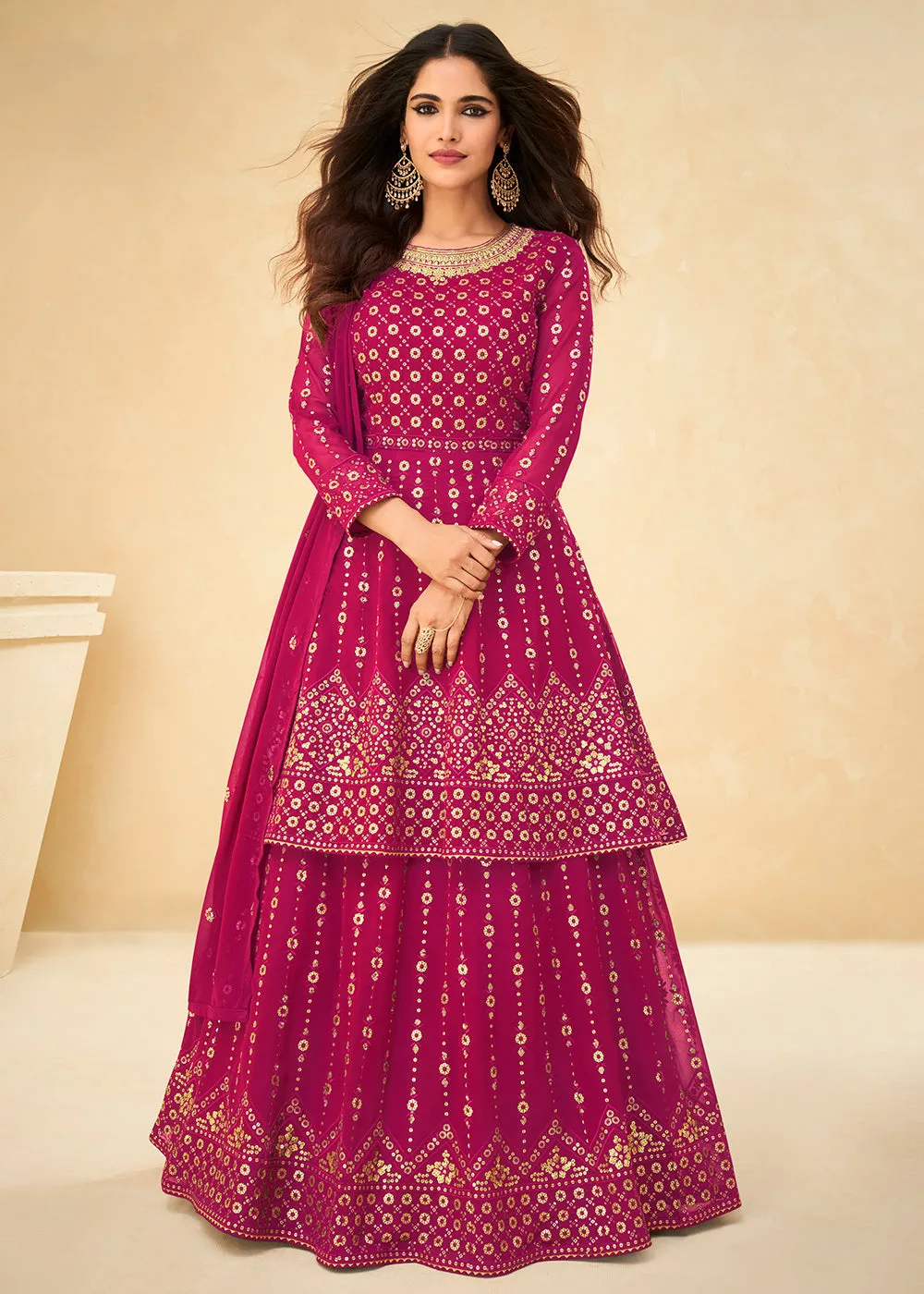 Long Kurti Style Pink Georgette Embroidered Lehenga Suit