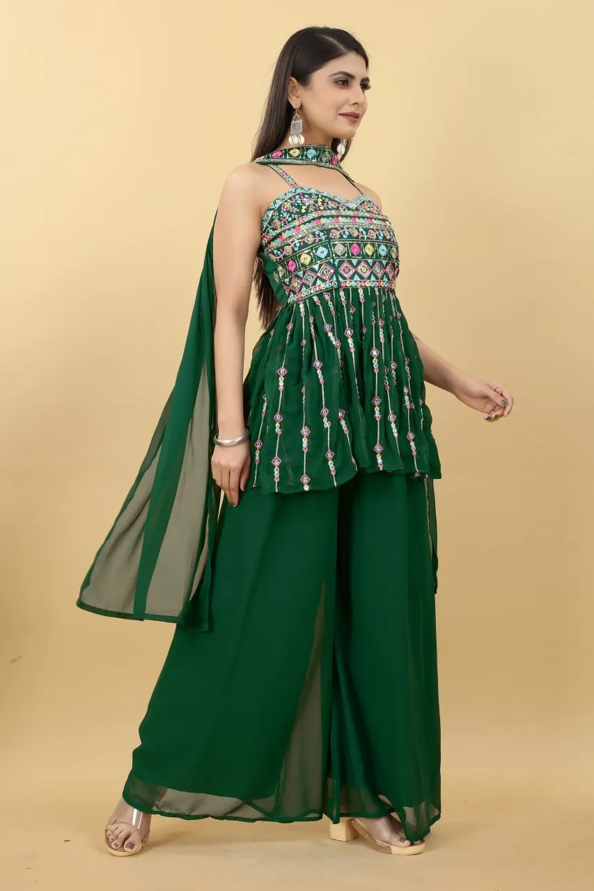 Luxuriant Dark Green Color Thread Sequence Sharara Suit