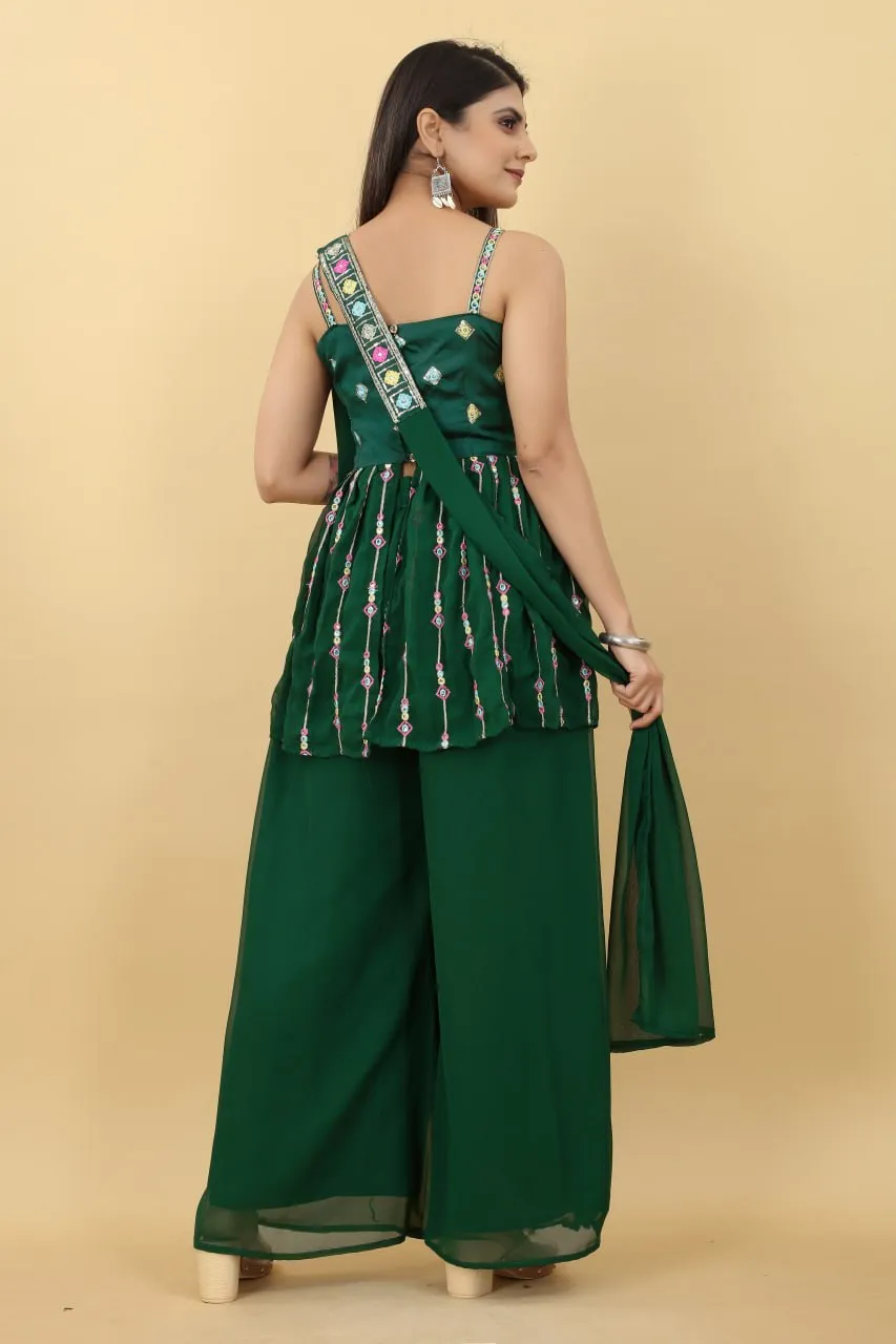 Luxuriant Dark Green Color Thread Sequence Sharara Suit