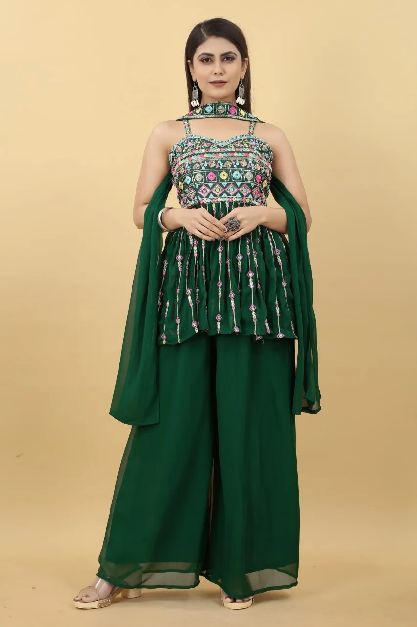 Luxuriant Dark Green Color Thread Sequence Sharara Suit